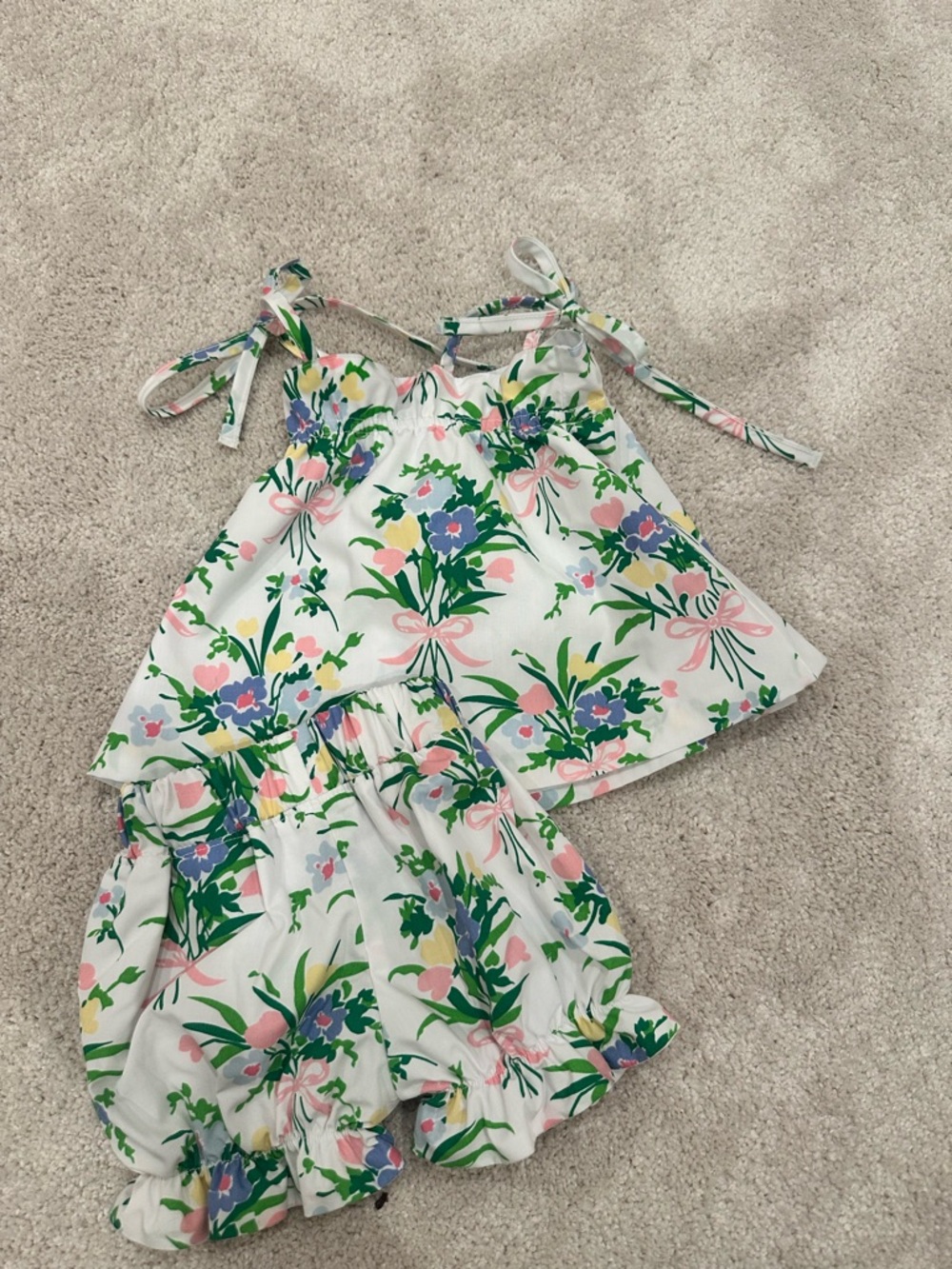 The Beaufort Bonnet Company White Floral Girls Matching Set with Pink and Green